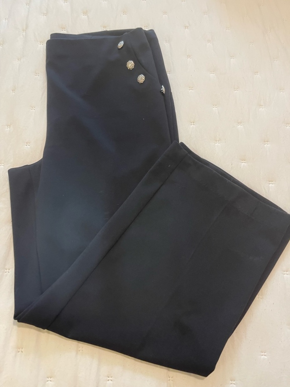 Women's Wide Leg Black Dress Pants with Decorative Buttons